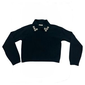 Copper Key Black Cropped Sweater with Faux Pearl Embellished Collar